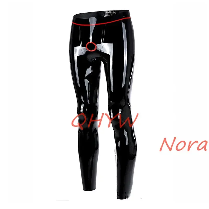 Handmae Men Latex Pants with Hole Ring Rubber Trousers with Red Trim Cosplay Custom