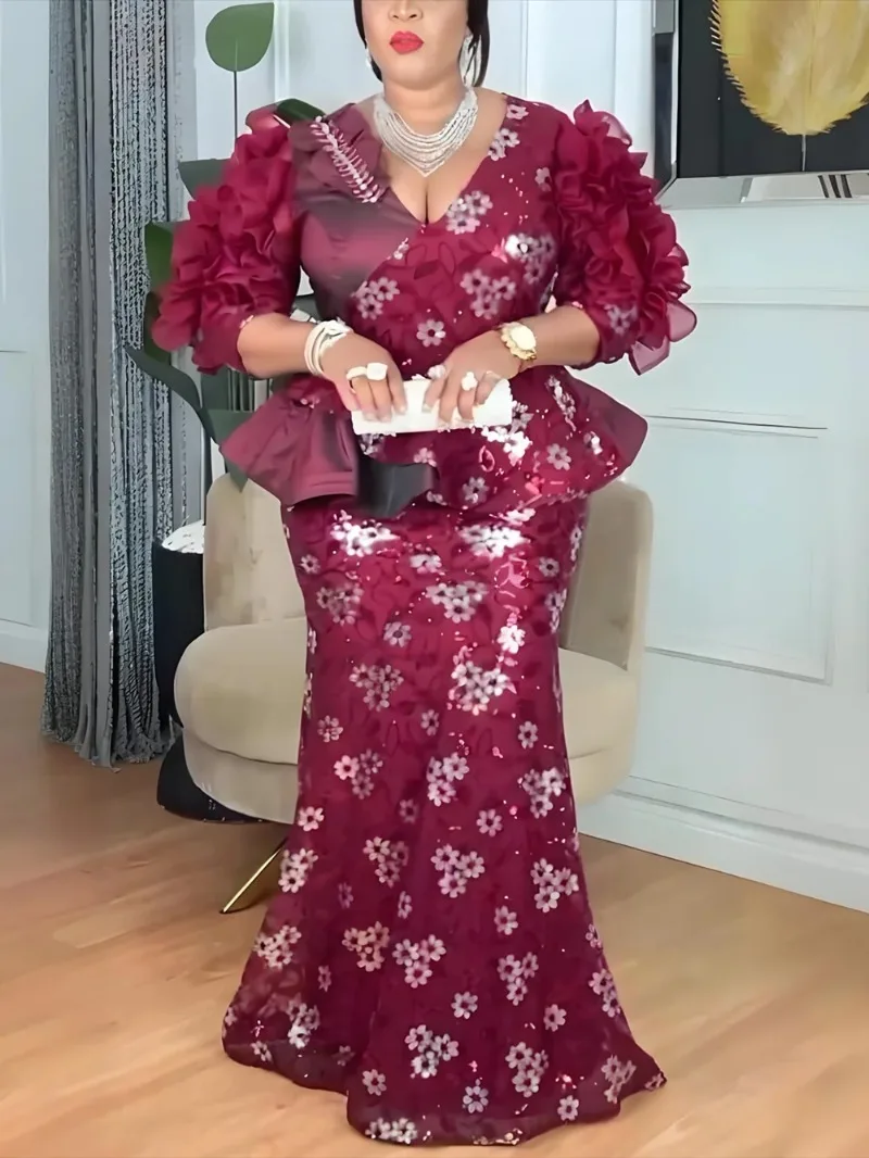 

Plus Size African Party Dresses for Women Dashiki Sequin Sexy Bodycon Long Dress Elegant Fashion Muslim Wedding Evening Gown