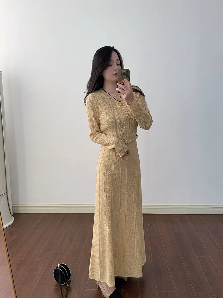 CHUJIE 2025 Ensemble de style français printemps/été – Cardigan et jupe mi-longue en tricot de dentelle, tenue élégante en mélange de viscose et de nylon