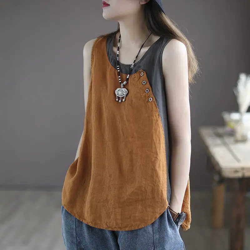 Summer Asymmetrical Button Patchwork T Shirts Short Sleeve Loose Contrast All-match Vintage Tops Casual Fashion Women Clothing