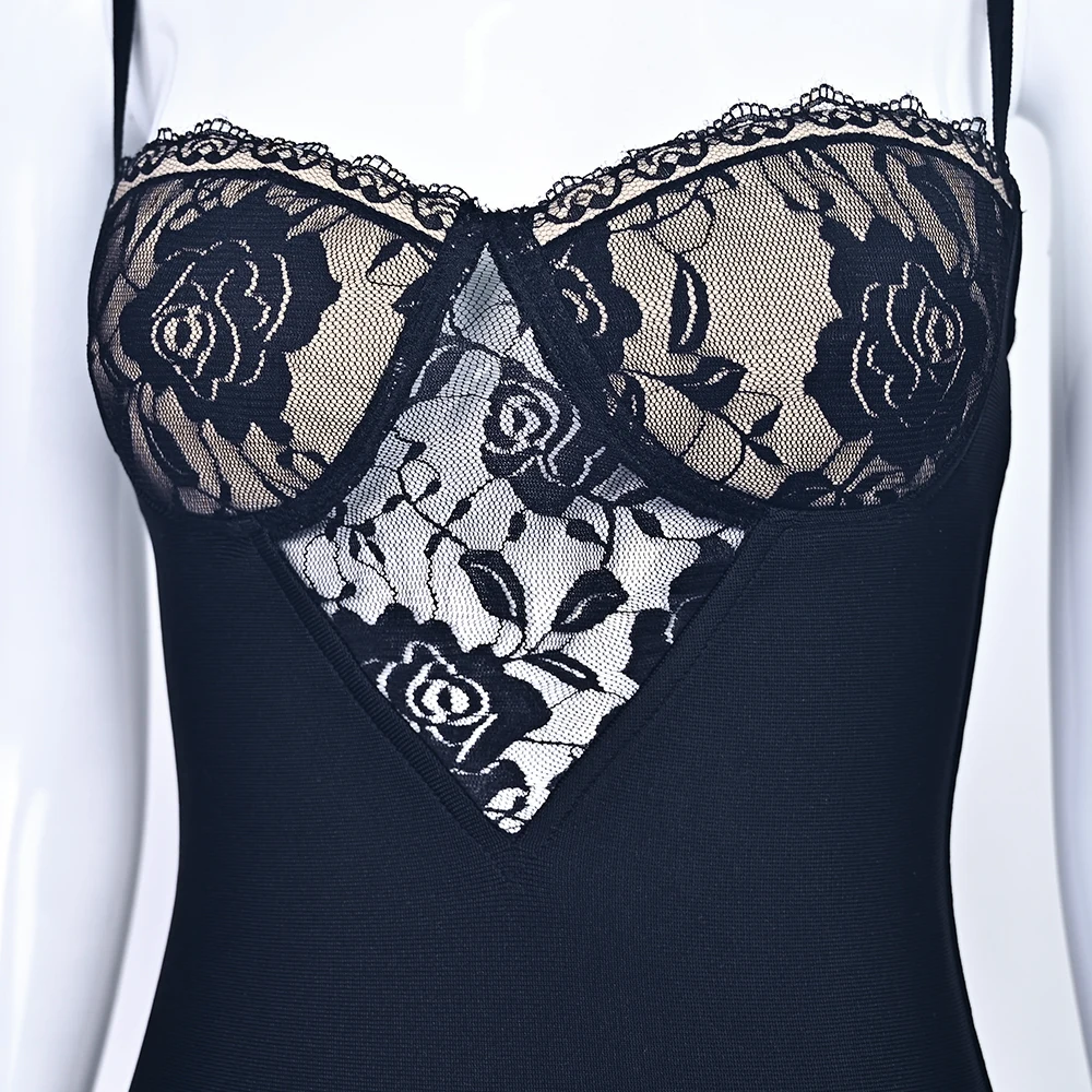 Hqbory luxo sexy renda oco bandagem vestido de noite espaguete ver através do clube de festa bodycon vestido fino de malha vestidos femininos