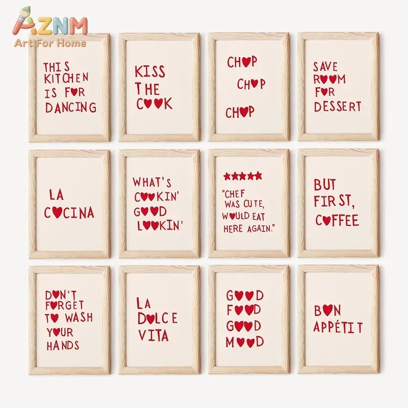 AZNM La Cocina Kitchen Funny Inspirational Quote Red Heart Typography Minimalist Aesthetic Canvas Wall Art Unframed Cooking Dini