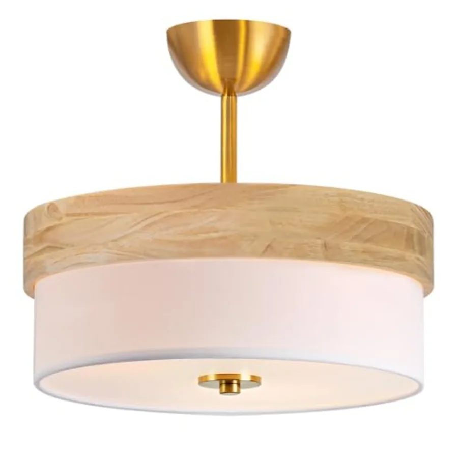 

Полувстраиваемый потолочный светильник с отделкой из натурального дерева и абажуром из кремово-белой ткани, современный потолочный светильник