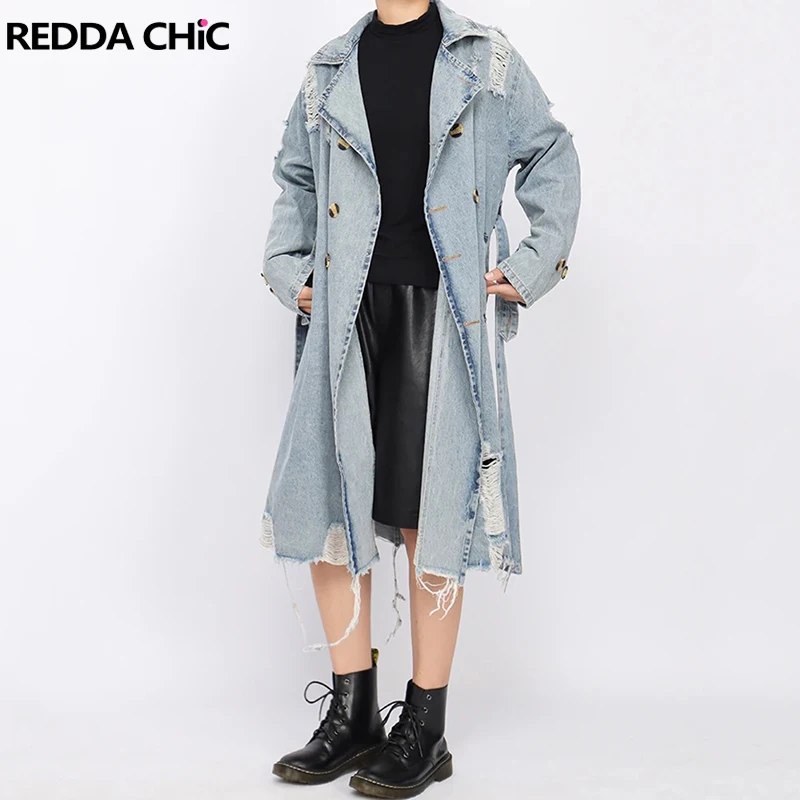 

ReddaChic Elegant OL Women Long Denim Jackets Light Wash Destroyed Double Breasted Lapel Belt Trench Coat Casual Autumn Clothes