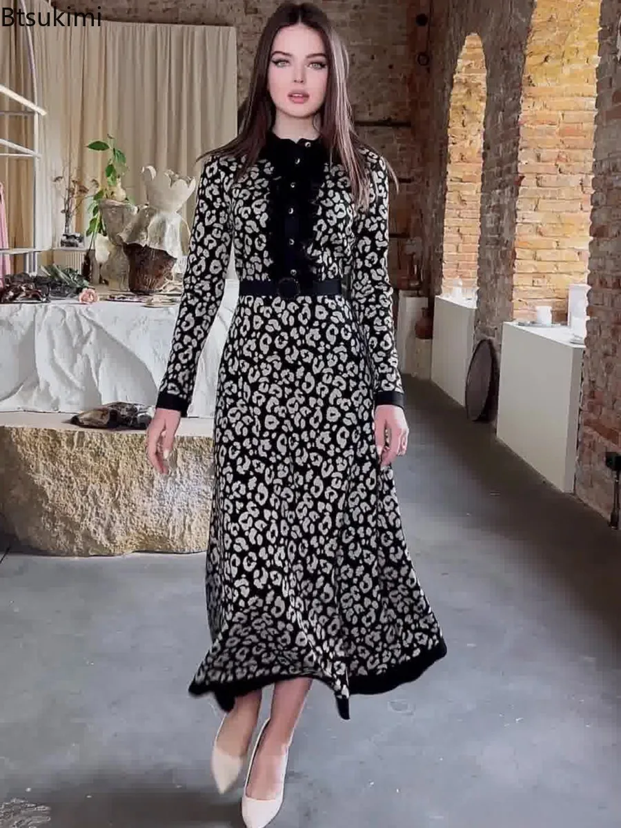 

2025 Elegant Printed Slim Maxi Dress for Women Fashion Vintage Lapel Button Long Sleeve Dress Ladies Commuter Outfits Party Robe
