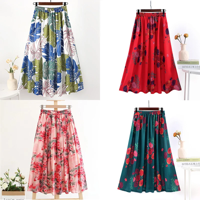 

(Pocket + Lining) Ethnic Style Printing Half-body Skirt Women 2024 Spring Summer New Thin Cover Crotch Large Swing A-line Skirt