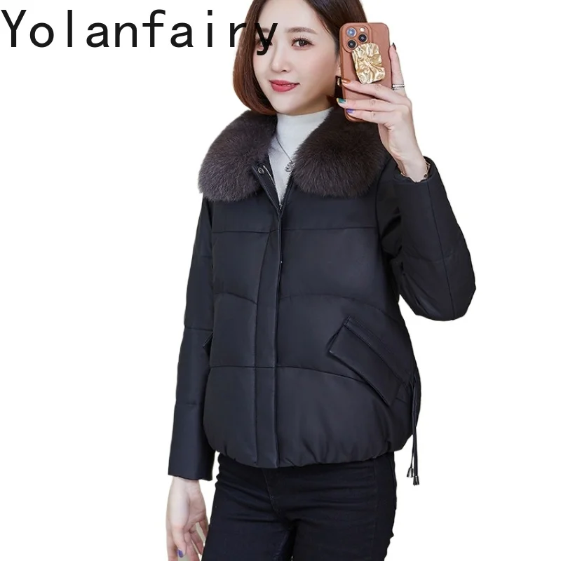 YOLANFAIRY 100% Real Sheepskin Leather Down Jackets Woman Winter Fox Fur Collar White Duck Down Genuine Leather Jacket Women