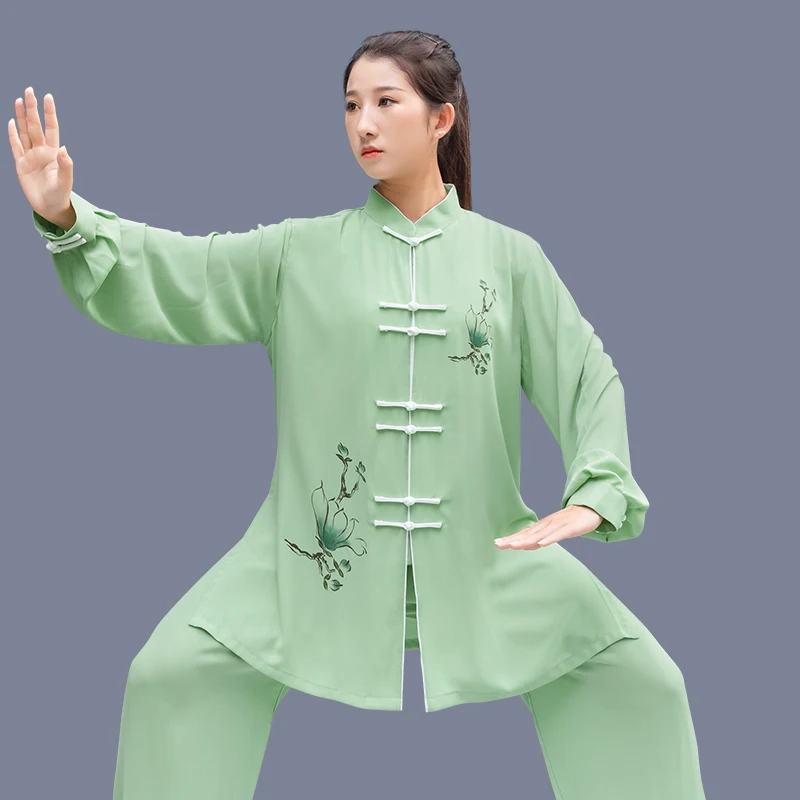 Chinese Tai Chi Uniform Traditional Wushu Kungfu Suit Green Martial Arts Wing Chun Training Morning Exercise Performance Suit