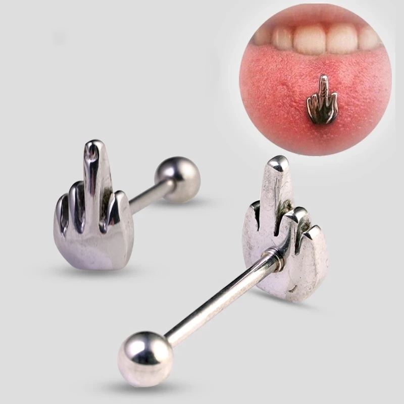 1Pcs Punk Tongue Nails Stainless Steel Anaphylaxis Middle Finger Tongue Earring Despise Tongue Ring Body Piercing Xmas Gift