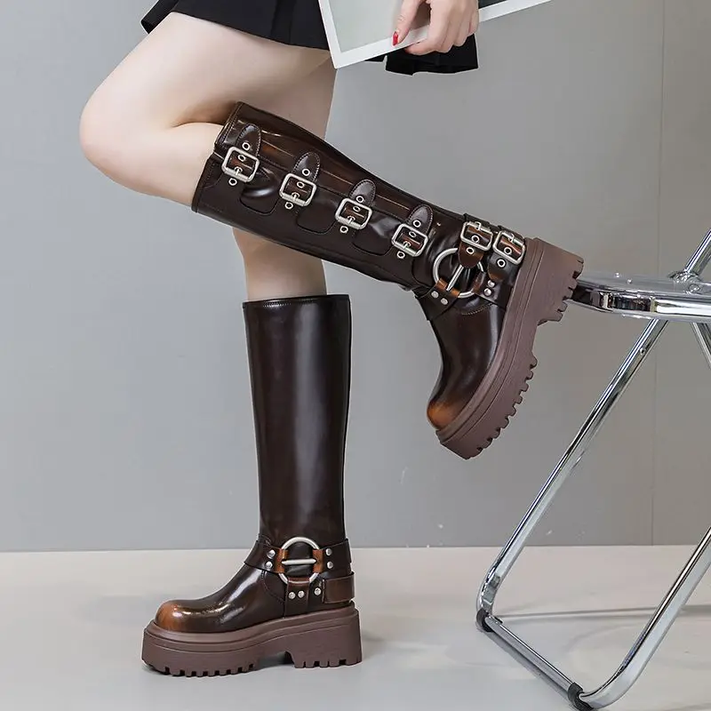 

Genuine Leather Women Motorcycle Boots Punk 9CM High Heels Platform Metal Buckle Rivet Knee-High Boots Riding Cowboy Boots