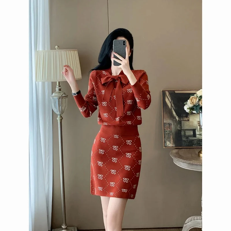 Spring Autumn Ladies Suits Bow Patchwork Long Sleeve Fashion Sweater High Street Elastic Waist Printing All-match A-line Skirt