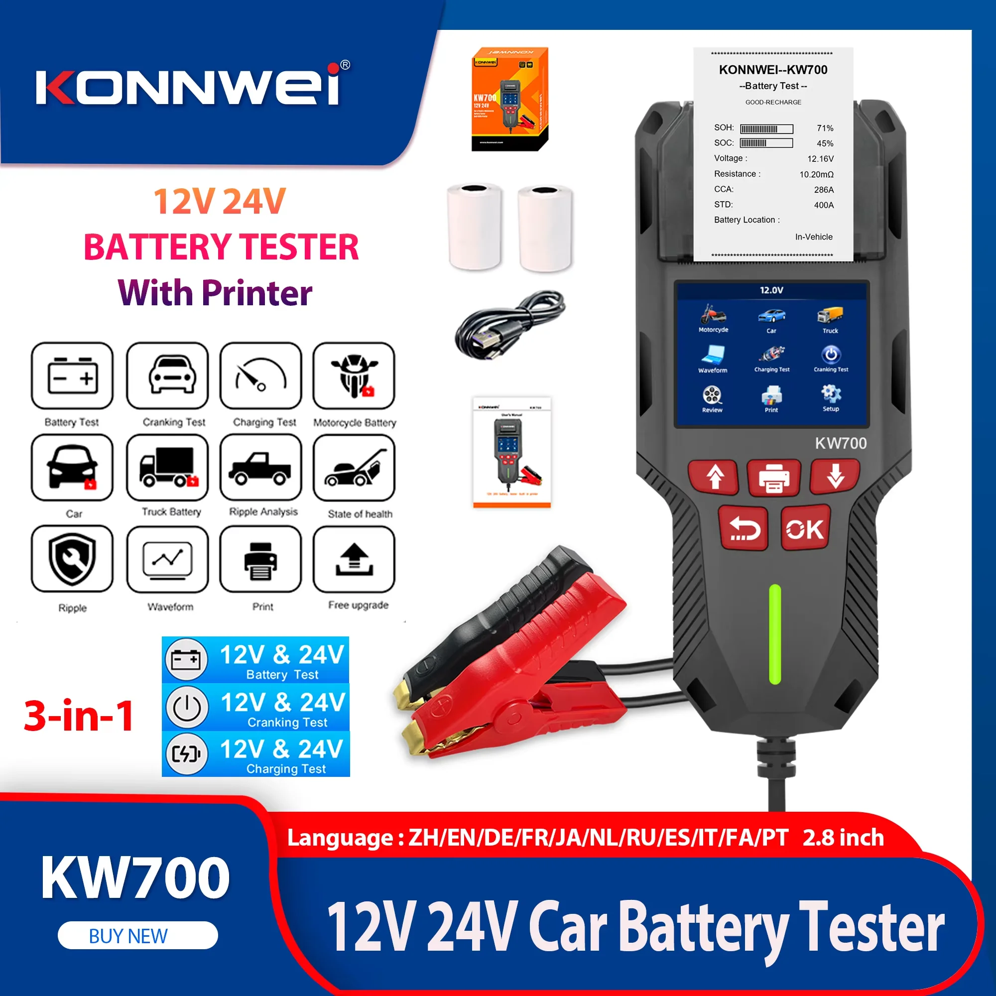 

KONNWEI KW700 Car Truck Motorcycle Battery Tester with Printer 12V 24V 10-2000CCA Check Voltage CCA SOC SOH Diagnostic Tool