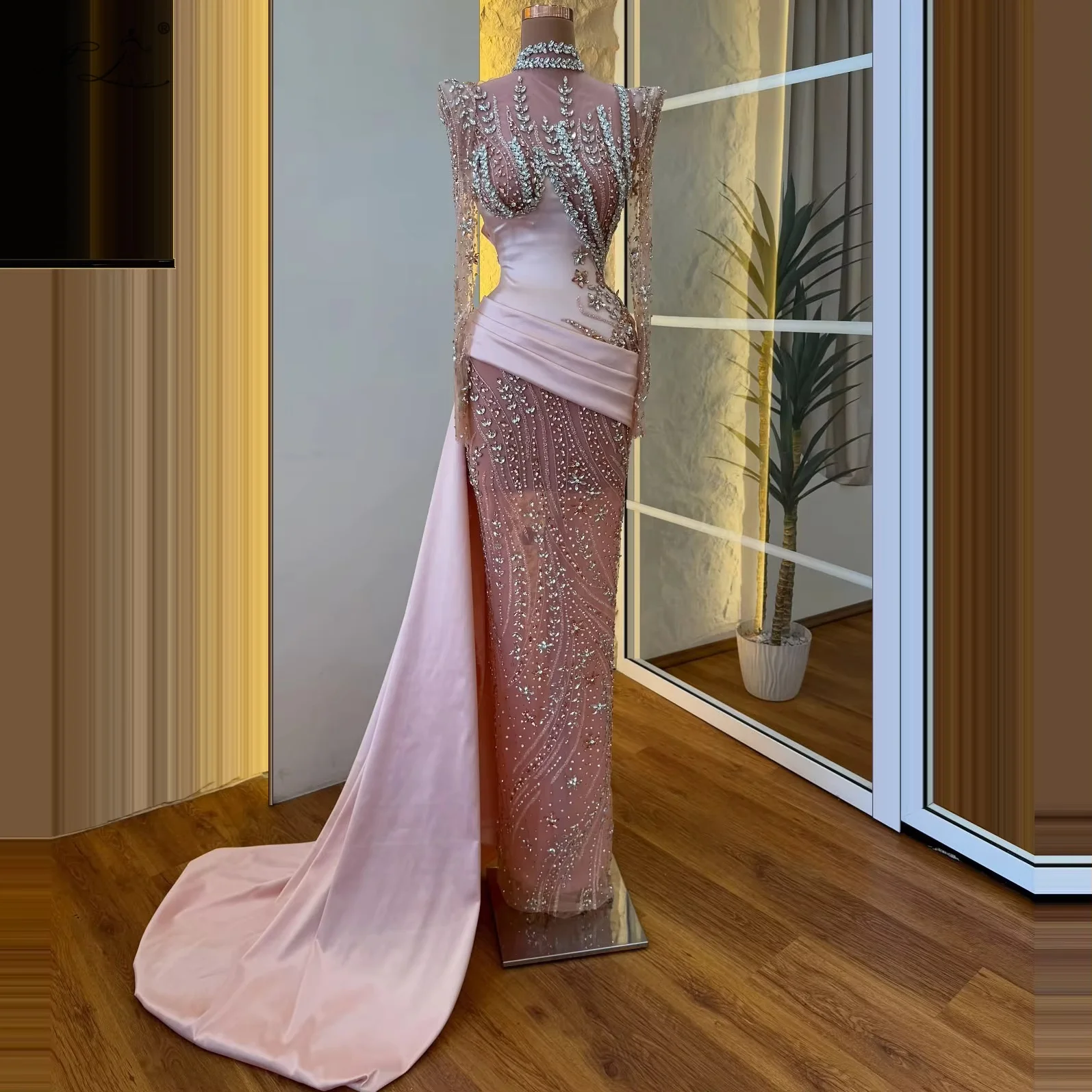 

Luxurious Women'S Evening Dresses With Crystal Sheer Lace Panels Satin Trains Featuring Round Neckline Designed Formal Events