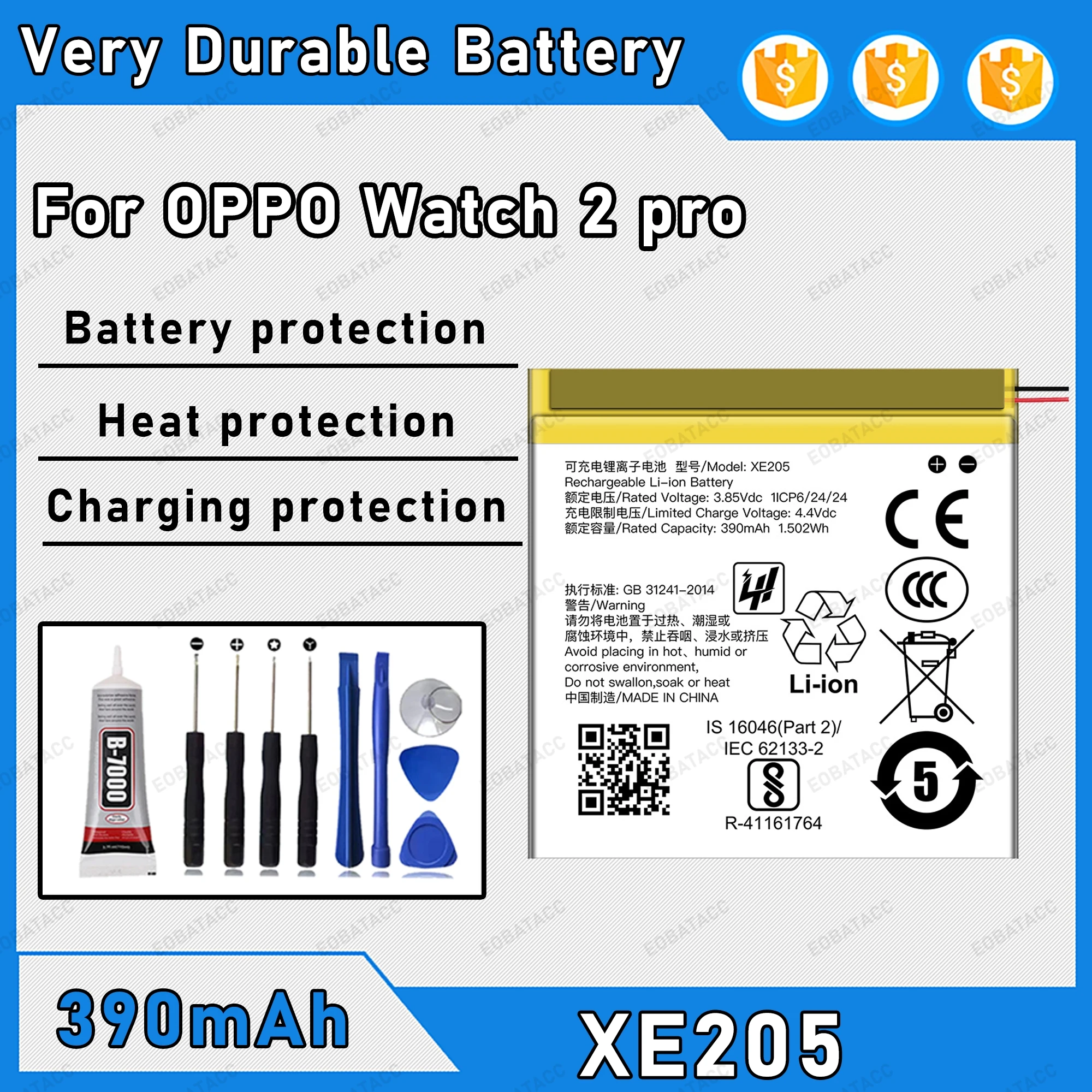 

Аккумулятор XE205 390 мАч, 100% новый, для OPPO Watch 2 PRO, сменный, в комплекте с инструментами