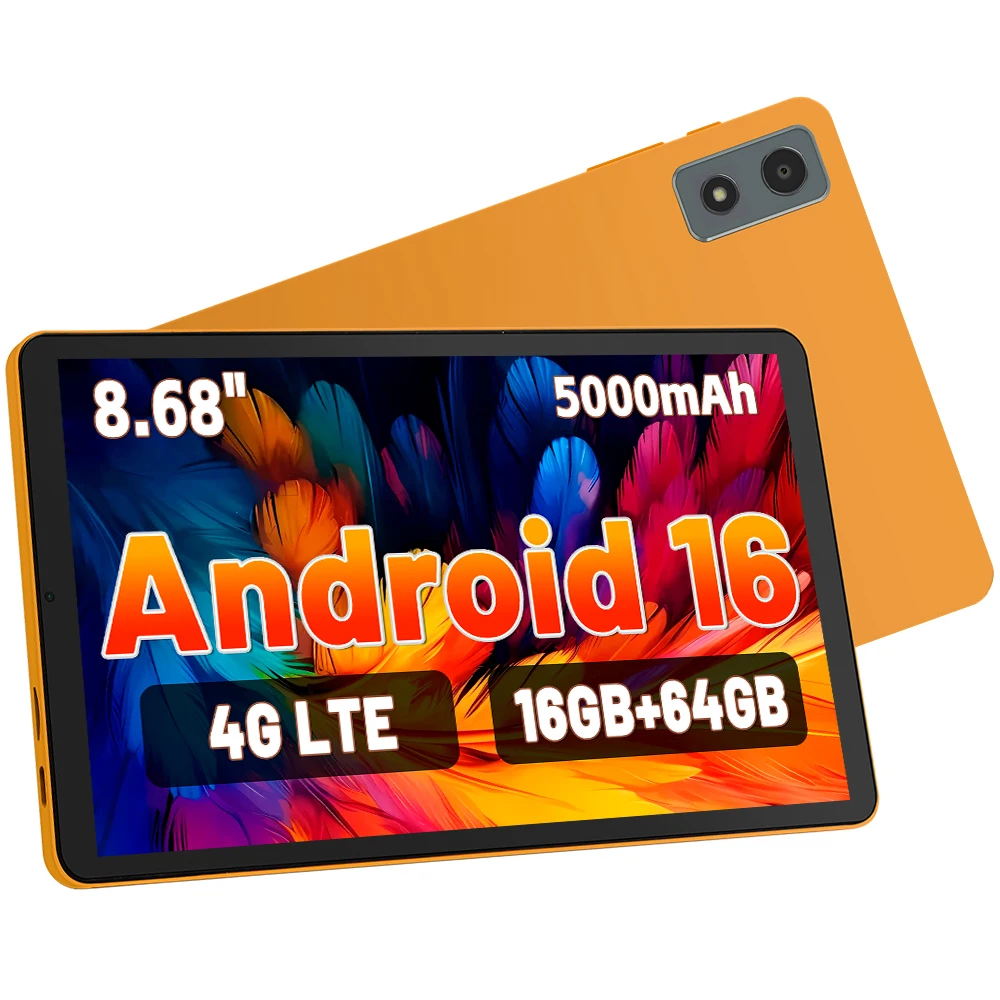 ANRY 8.68 Inch 4G LTE Android 16 Tablet 16GB RAM 64GB ROM 5000mAh Octa Core Widevine L1 WiFi 6 Tablet for Kids Adult 2026 Tablet