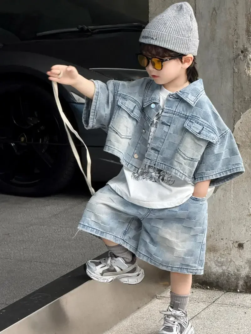 Baby Boys Children Suits Summer Kids Fashion casual Jean Vest Waistcoat +TShirt+Shorts 3Pcs Sets Handsome Hip hop Streetwear