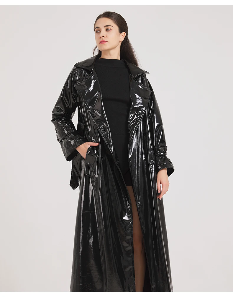 Lautaro Spring Autumn Black Shiny Reflective Soft Patent Leather Trench Coat for Women Luxury Designer Floor Length Clothes 2024