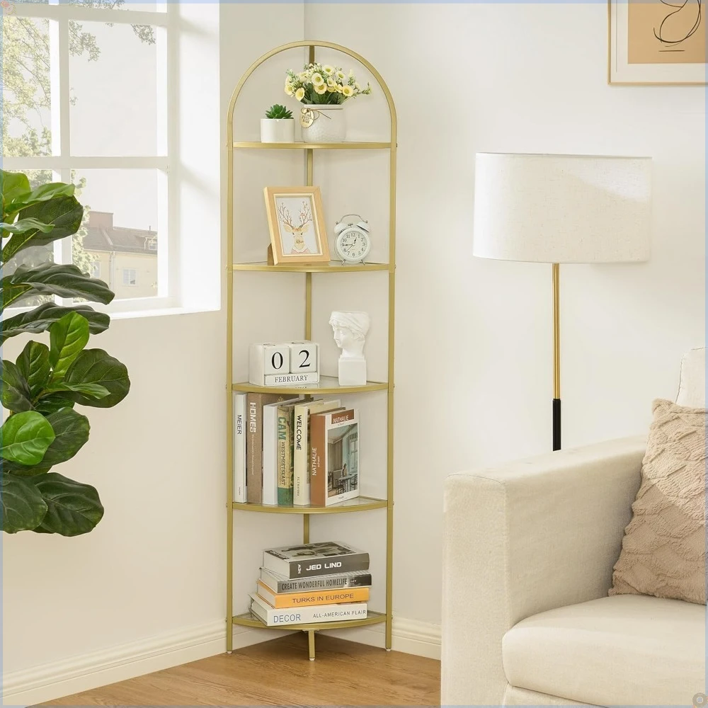

5-уровневая угловая полка, металлическая угловая книжная полка, полки из закаленного стекла, полка для ванной комнаты, подставка для растений, современный стиль, золотой