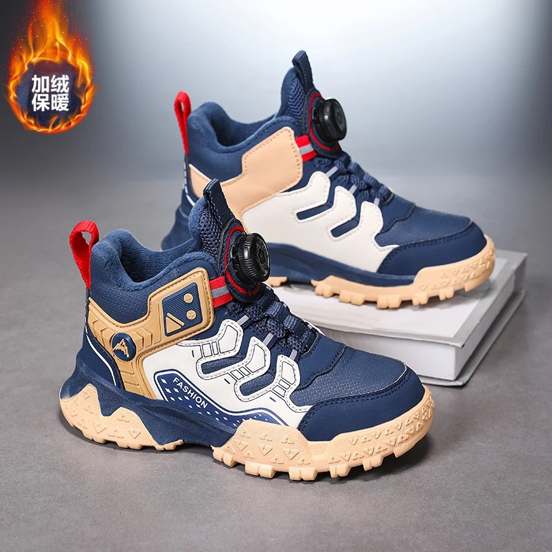 

Winter Shoes for Kids Mid-top Plush Warm Children's Sports Shoes Leather Waterproof Anti-slip Teenagers Outdoor Casual Shoes Boy