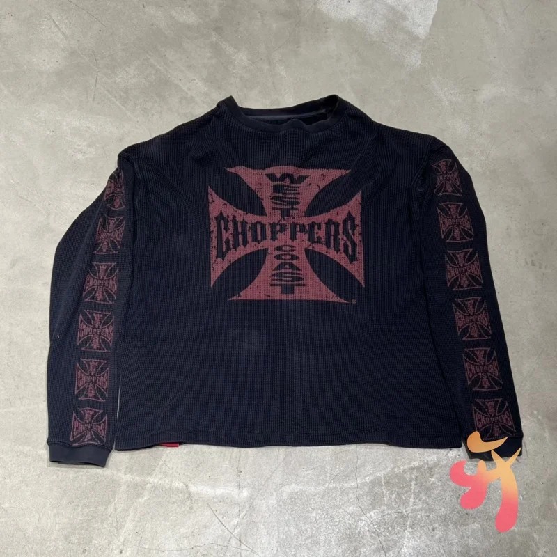 

25ss Autumn Oversized West Coast Choppers Sweatshirts Retro Street High Quality Waffle Cross Long Sleeve Pullover Men Women