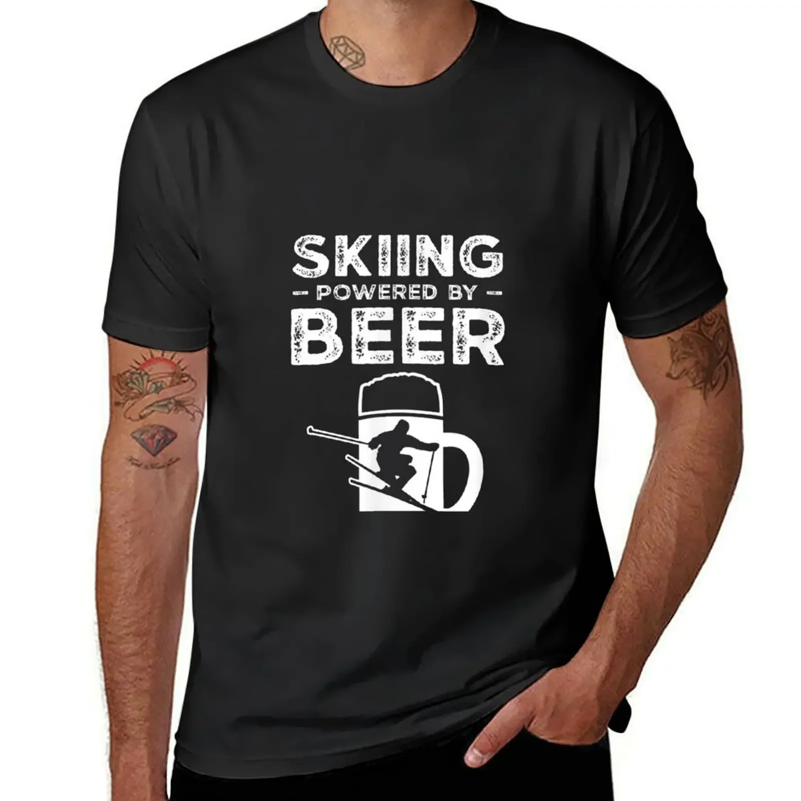 Skiing powered by beer Funny Drink Skier Apres Ski T-Shirt anime stuff sublime mens t shirts