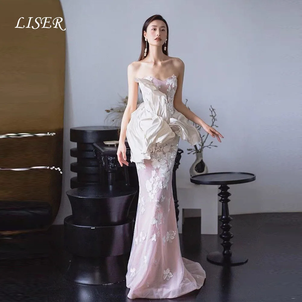 Liser Sweetheart Pink Mermaid Prom Gown Silk Tulle Appliques Elegant Modern Evening Dresses robe de soirée Customize Corset Back
