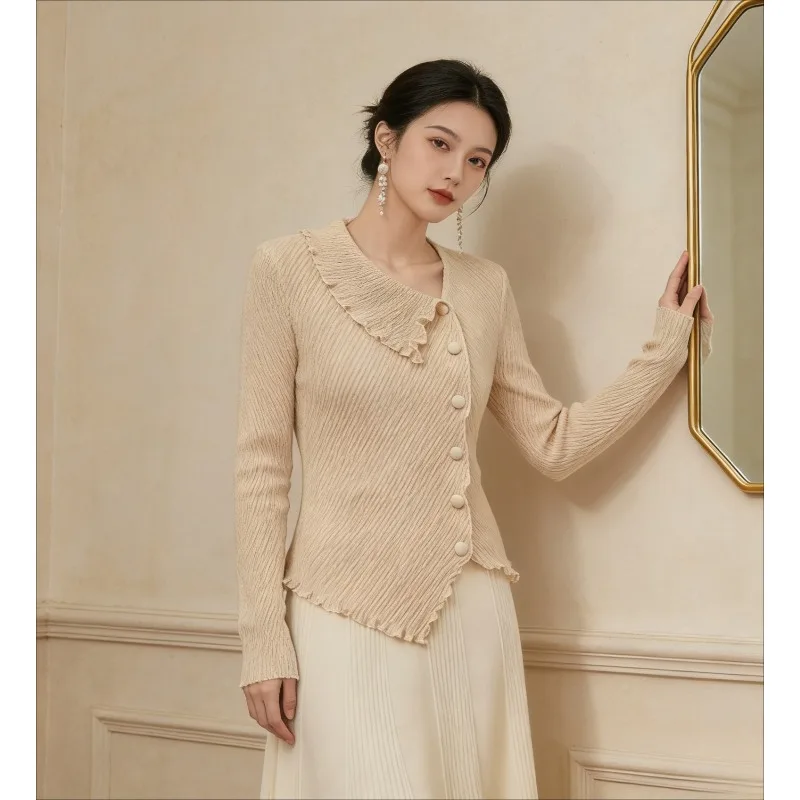 

Miyake Pleated Shirt Plisse Solid Color Temperament Lapel Long-sleeved Dragon Scale Pleated Blouse 2026 Spring New Slim Fold Top