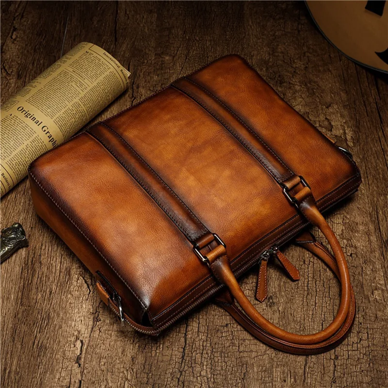 YETTIES Business Top Grain Leather Briefcase | 14 Inch Laptop Crossbody Shoulder Bag | Hand-Burnished Handheld Satchel for Work