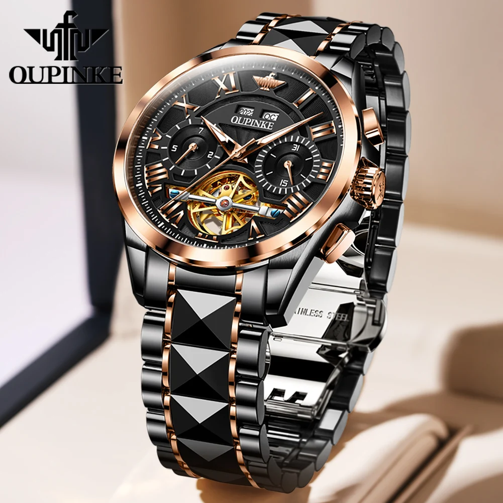 OUPINKE Fully Automatic Watch for Men Roman Numeral Dial Tungsten Steel Strap Skeleton Luxury Chronograph Mechanical Wristwatch