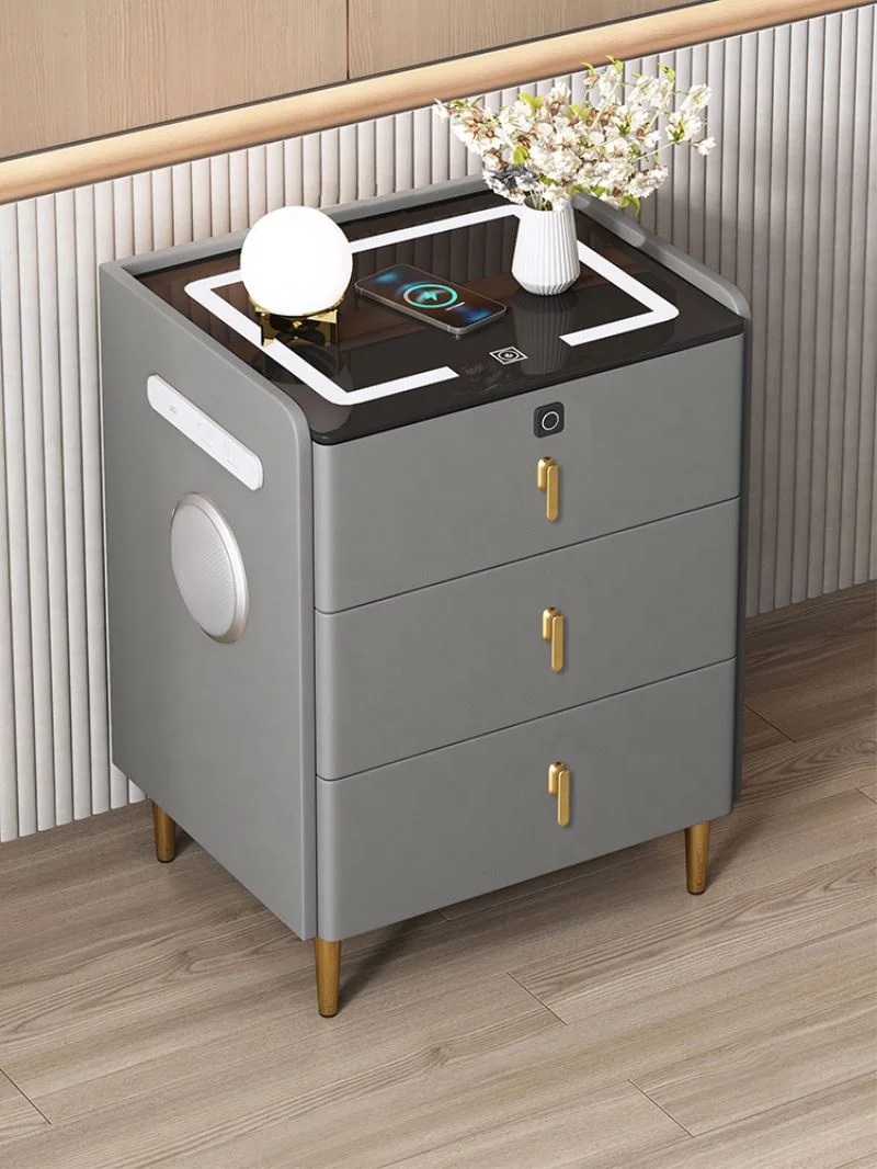 Factory Direct Sale Custom Modern Solid Wood Smart Nightstand Wireless Charging and Tri-color Light Home Bedroom Furniture