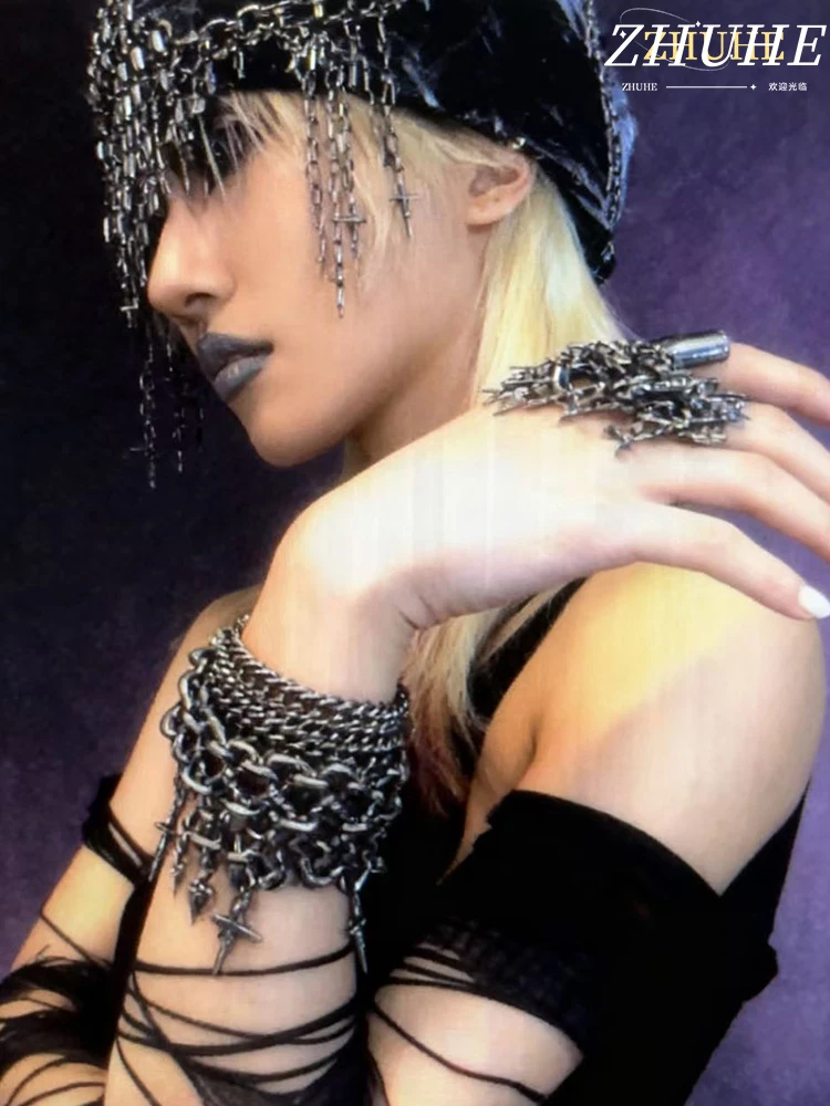 

Cross Charm Layered Chain Bracelet, Unisex Jewelry Accessory for Men and Women, Gothic Edgy Statement Jewelry