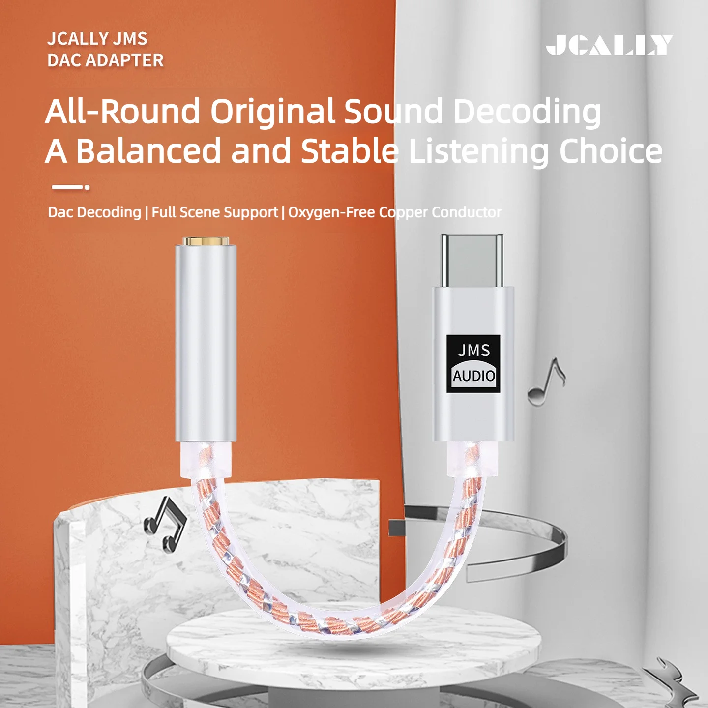 JCALLY JMS Digital Audio Adapter USB-C to 3.5mm 24bit/48kHz High Resolution DAC Lossless Music Earphone Converter for Gaming