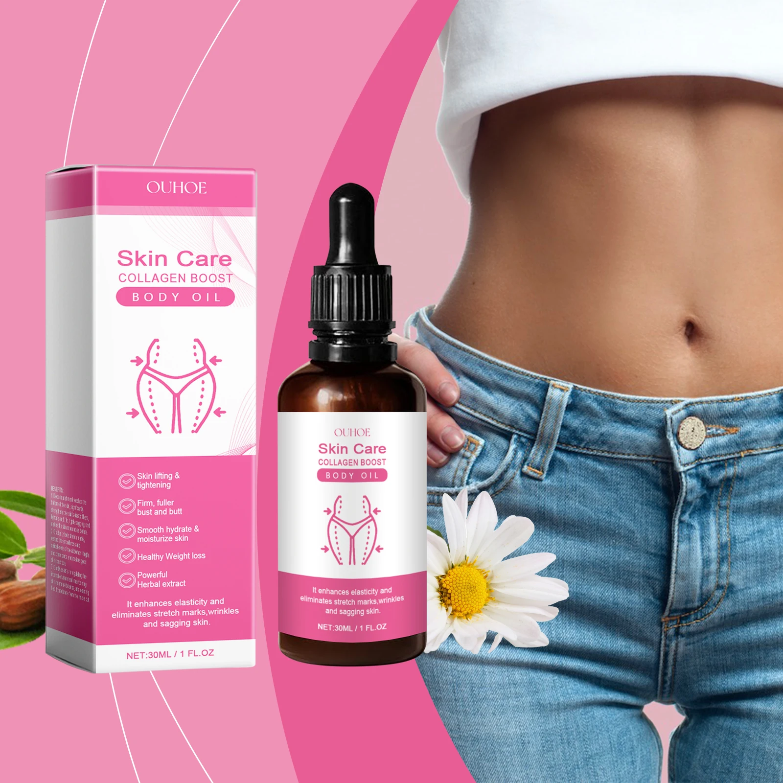 Aceite corporal de refuerzo de colágeno, potenciador de glúteos y cadera, moldeador de curvas corporales, levantamiento Sexy de glúteos, masaje para agrandar los senos, aceite corporal reafirmante