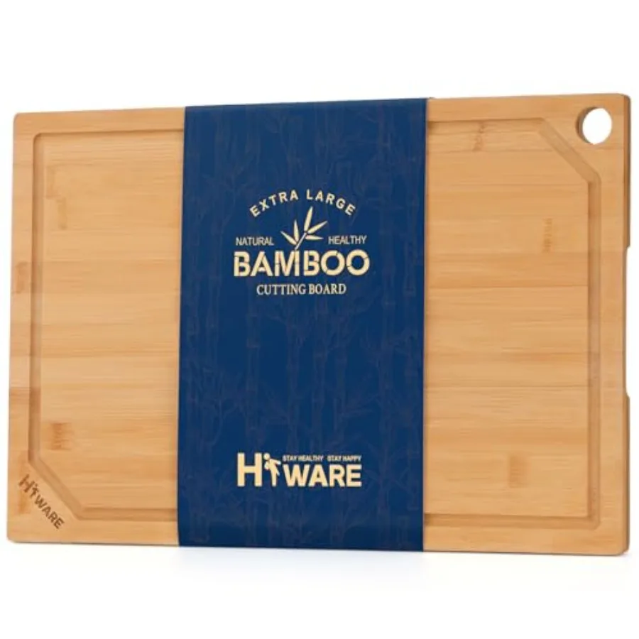 Kitchen cutting board: extra large bamboo, organic, pre-oiled, 18 x 12, natural color, heavy duty with juice groove
