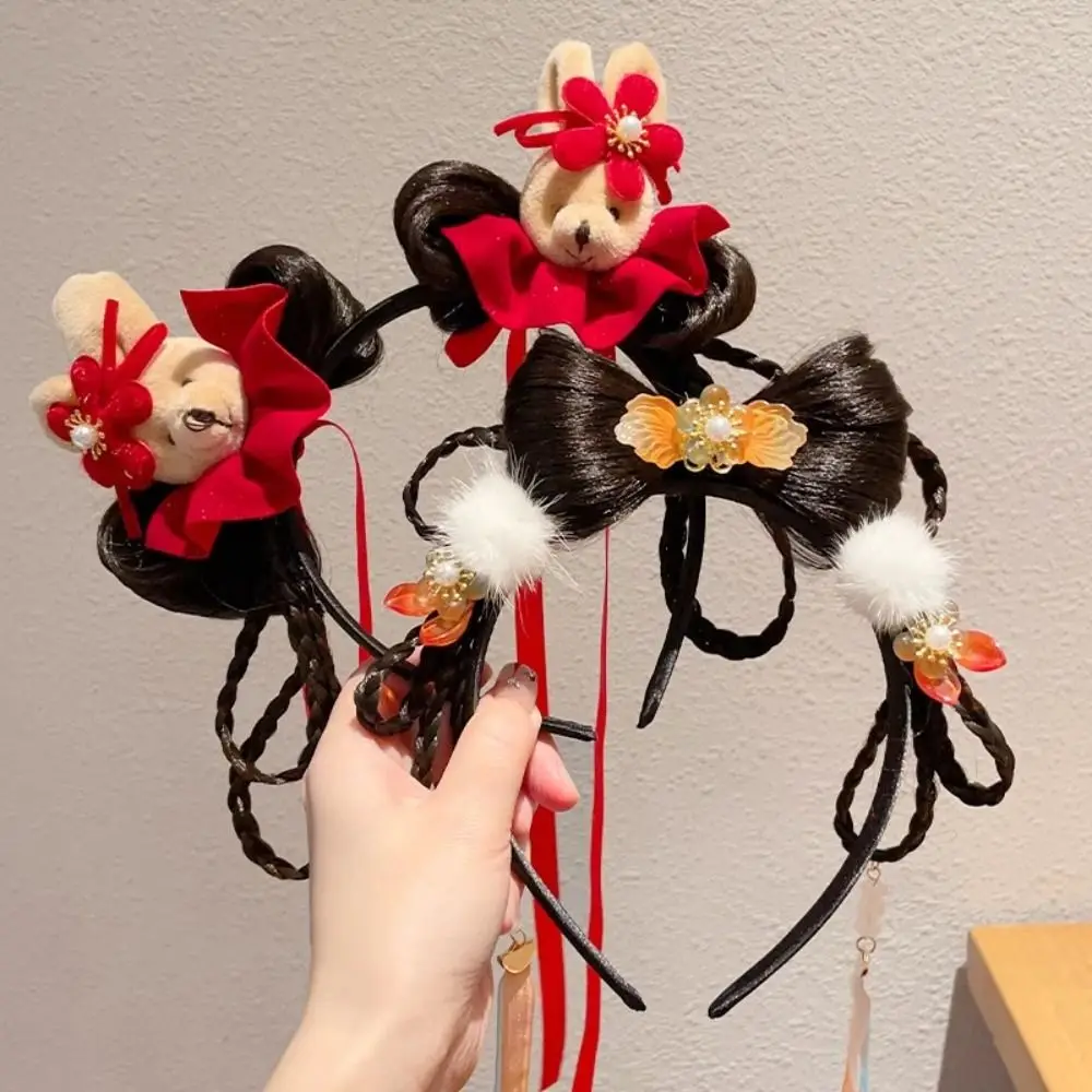 

Flower Children Wig Headband Tassel Tang Suit Hair Hoop Chinese New Year Headwear Girl Hair Accessories Braid Hair