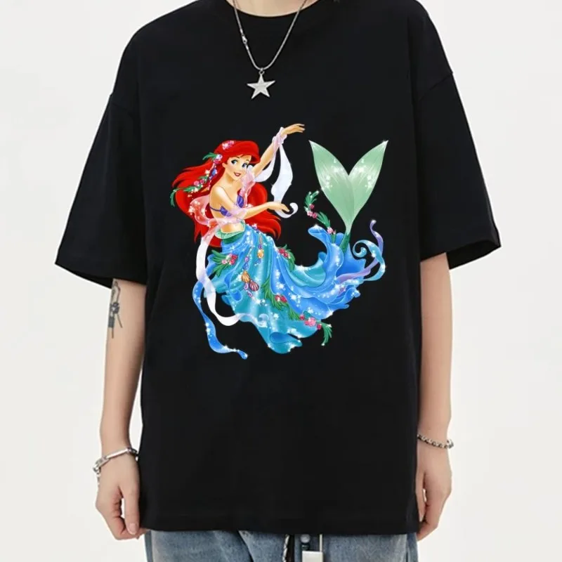 MINISO Disney Little Mermaid Ariel T Shirt Women Couple Clothes Short Sleeve Collar Fashion Man Cotton Summer Sporty