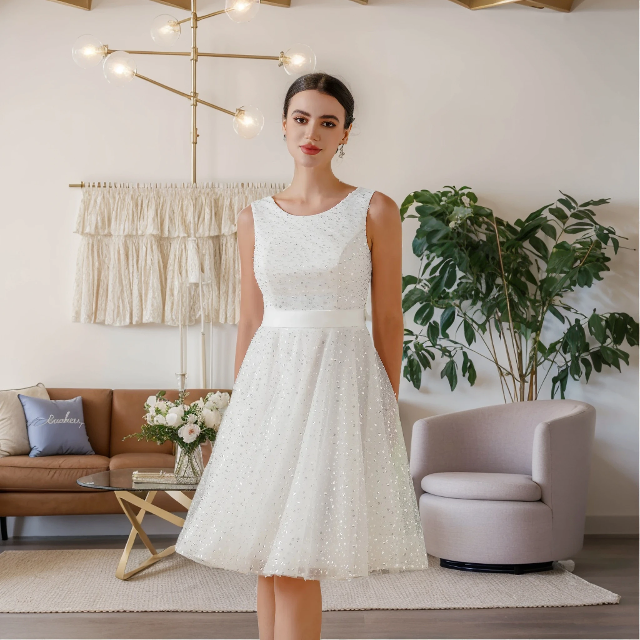 

MisShow Women Short Summer Dresses White Sparkling Sequins O-Neck Sleeveless U-Backless Dress A-Line Midi Knee-Length Party Gown