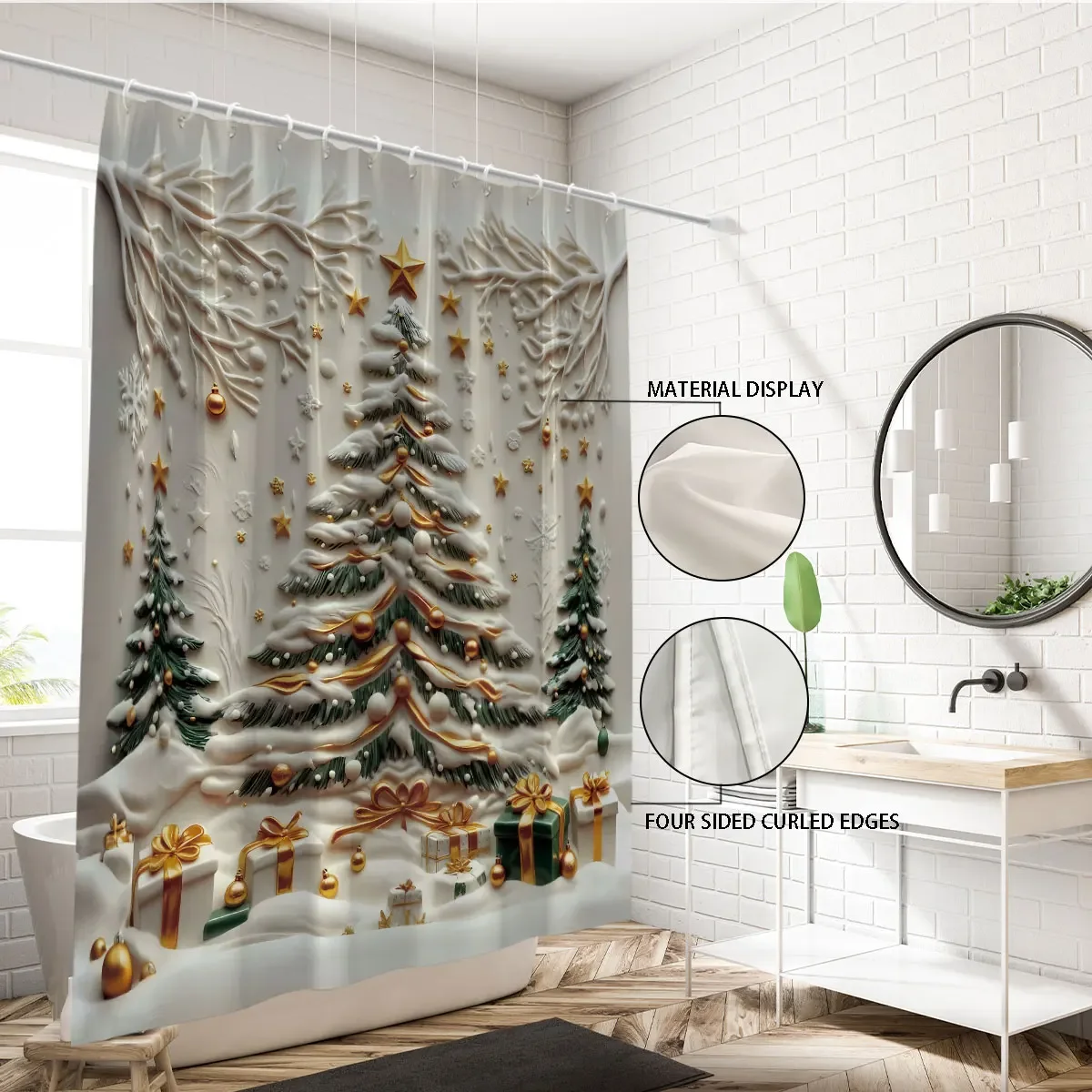 1pc Christmas Tree Printed Waterproof Shower Curtain Partition Privacy Hanging Curtain, with 12 Hooks for Easy Installation