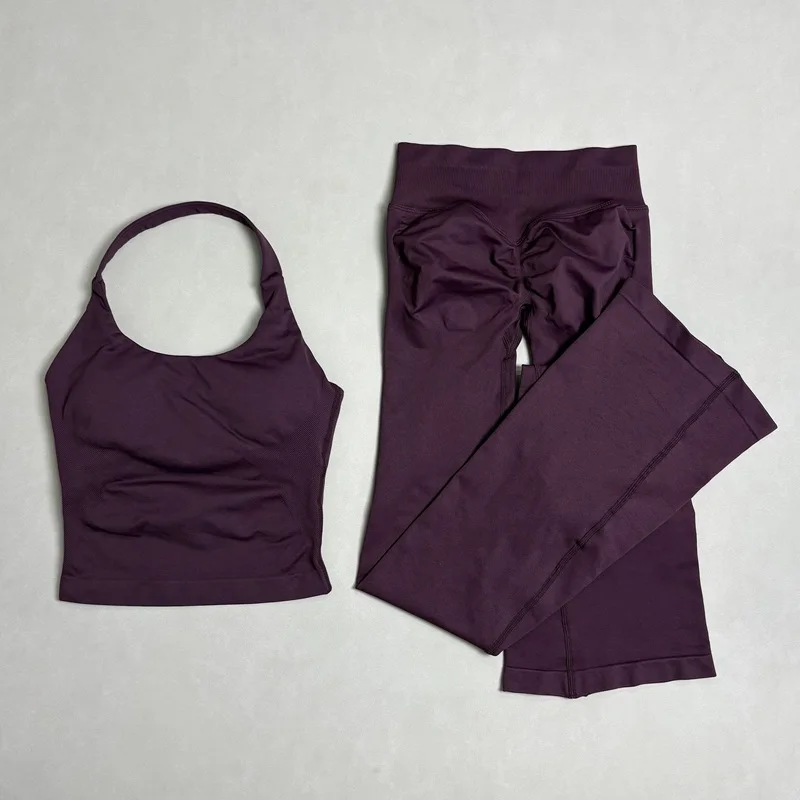 2-teiliges Fitness-Set für Damen: Nahtloses Gym-Haltertop und Hüftliftende Schlaghose für Yoga, Laufen und Workout – Detail 13