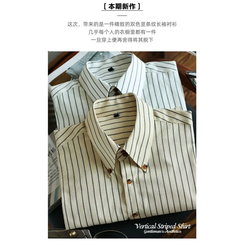 قميص فرنسي مخطط بأكمام طويلة مع ياقة مدببة للخريف قميص رجالي جديد عصري غير رسمي خالي من الحديد بقصة ضيقة ومتعدد الاستخدامات #5