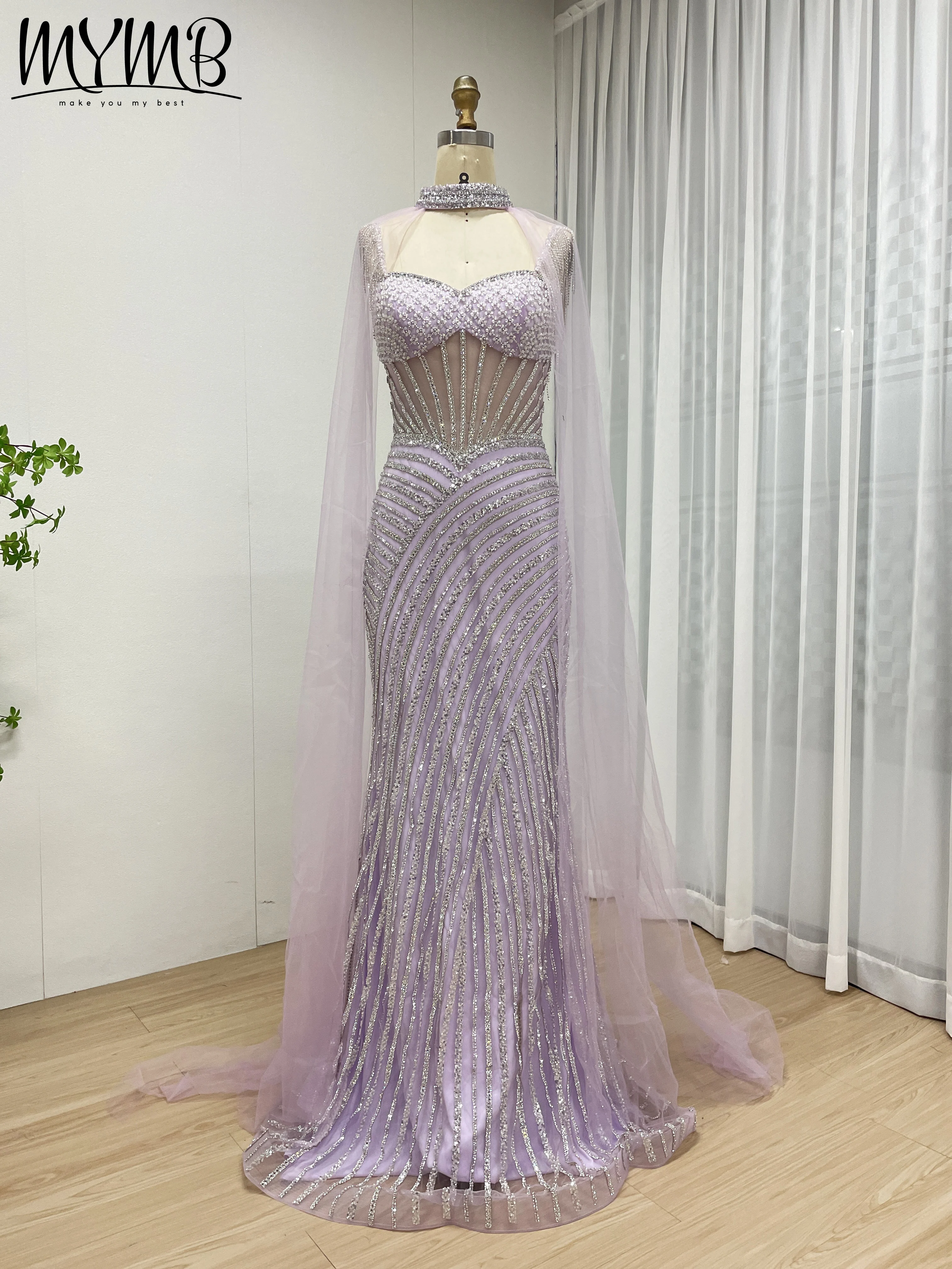 MYMB Spaghetti Strap Long BLUE Mermaid Beaded Cape With Sleeves Evening Dresses Gowns for Women Wedding Party Customized MB40394