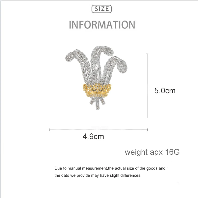 OKILY Retro Court Style Crystal Crown Chest Flower Brooches Elegant Zircon Feather pins Broche Decorativo De Ropa Woman Jewelry