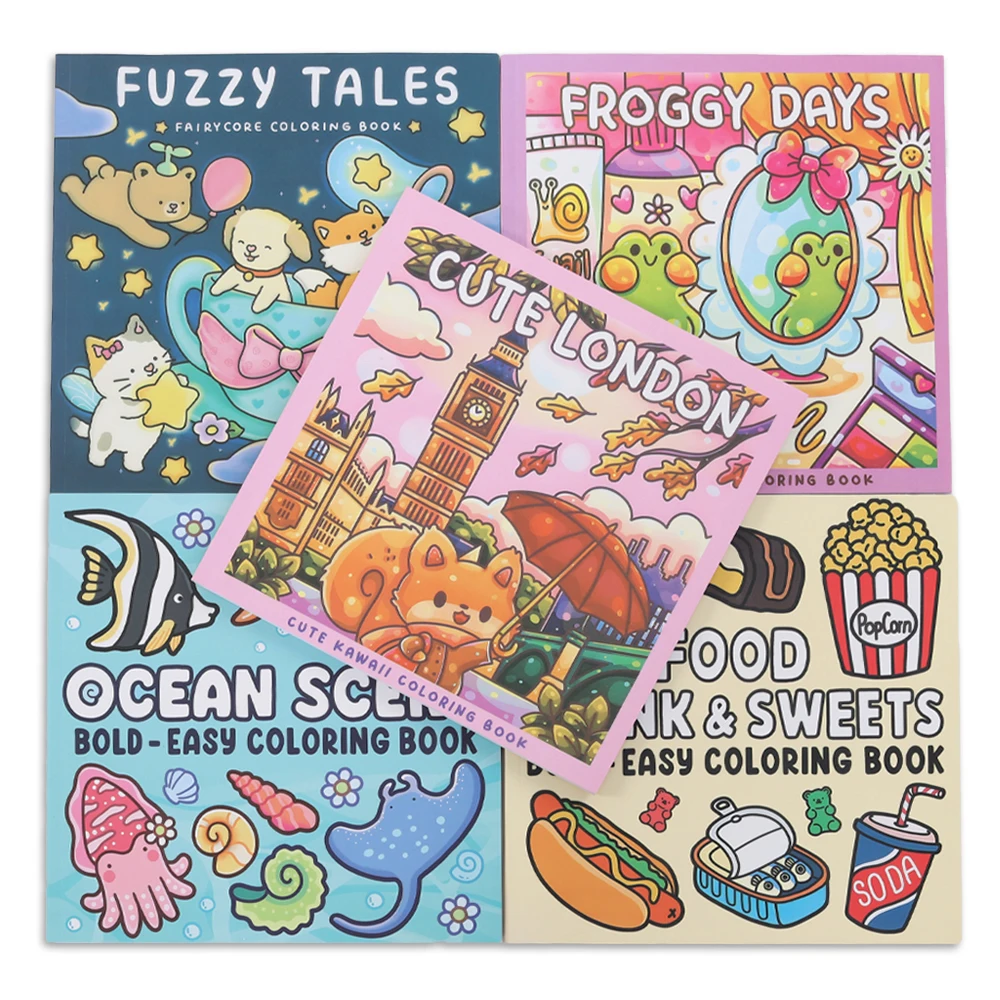 

Cute Kawaii Coloring Book Easy Bold Line Cartoon Animal Food Ocean Fairy Theme Stress Relief Art Coloring Pages for Kids Adults