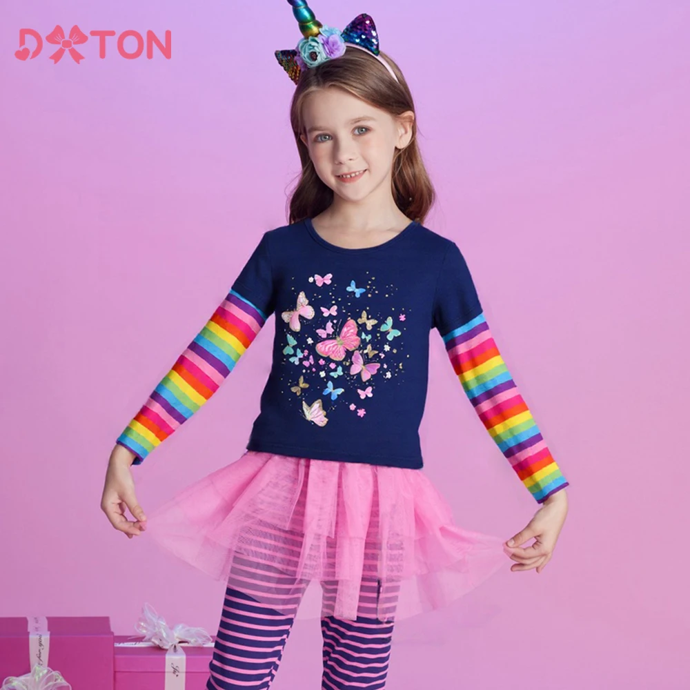 

DXTON New Kids Clothing Butterflies Children's T Shirts Rainbow Sleeve Toddler Girls Tops Autumn Comfortable Casual Girls Tees