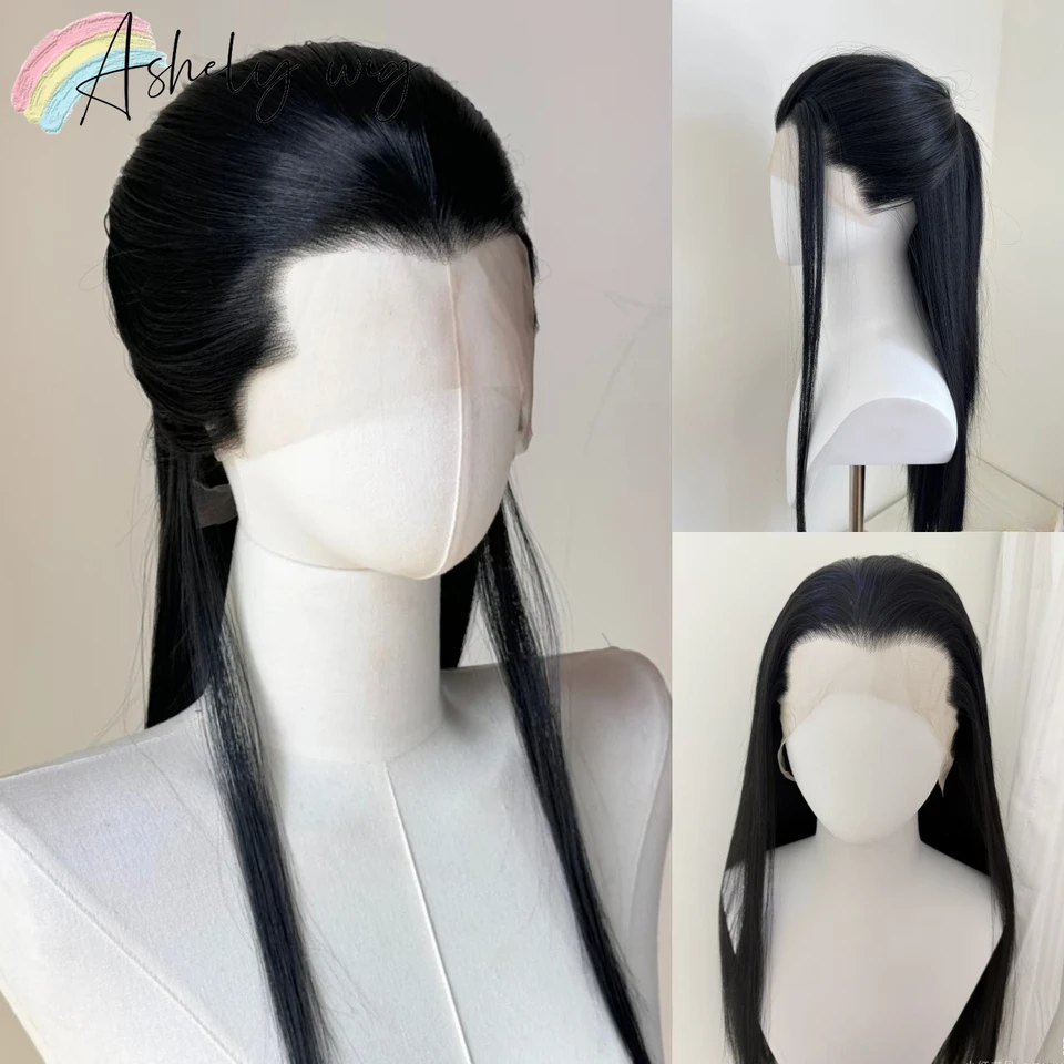 Peluca de encaje frontal negra Ashley con pico de viuda, 26 pulgadas, 13*4, sintética, lacia, resistente al calor, para cosplay 2