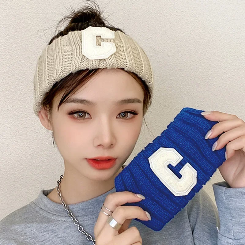 Knitted Woolen Headband Embroidered C Letter Solid Color Wide-brimmed Headband Simple Wash Headgear Daily Accessories