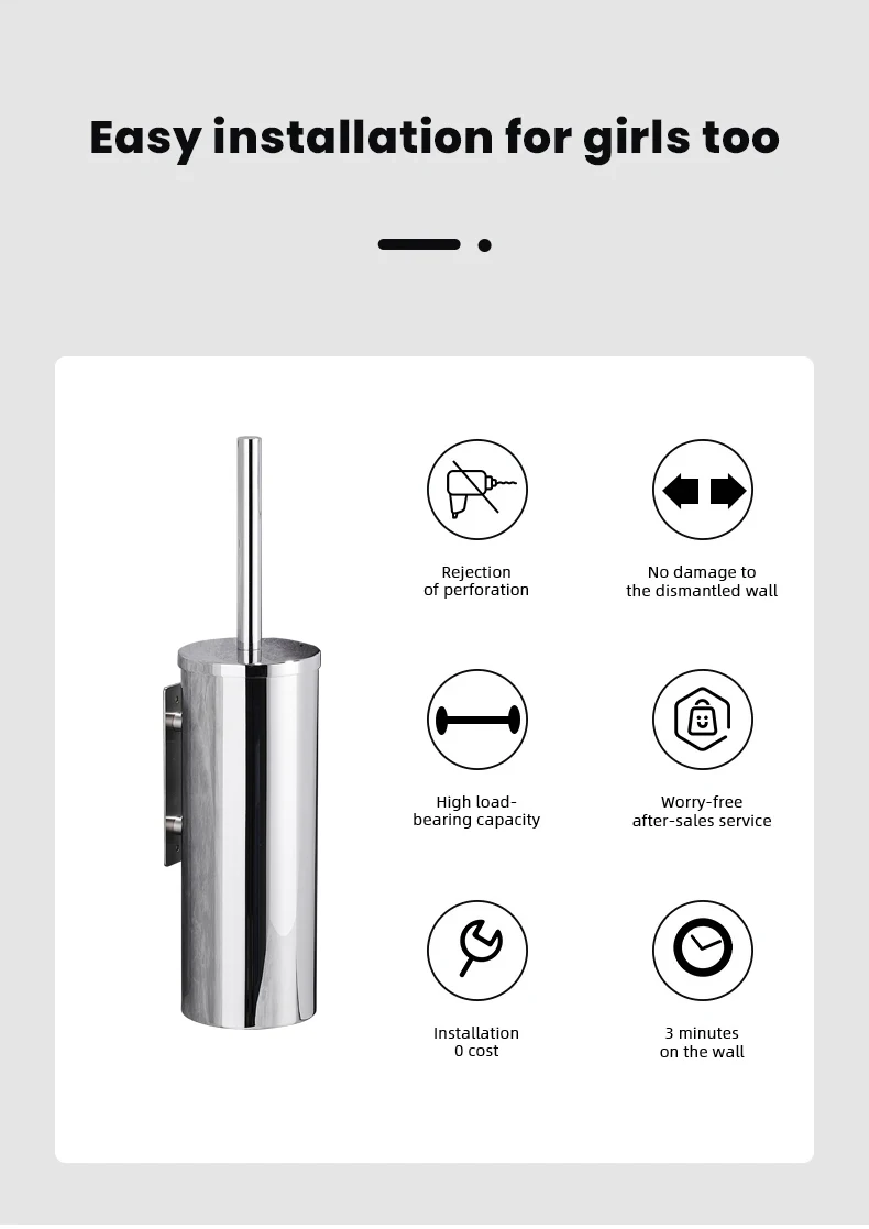 Toilet Brush High Quality Wall Mounted 304 Stainless Steel Cleaning Tools No Drill Bathroom Accessories WB8713
