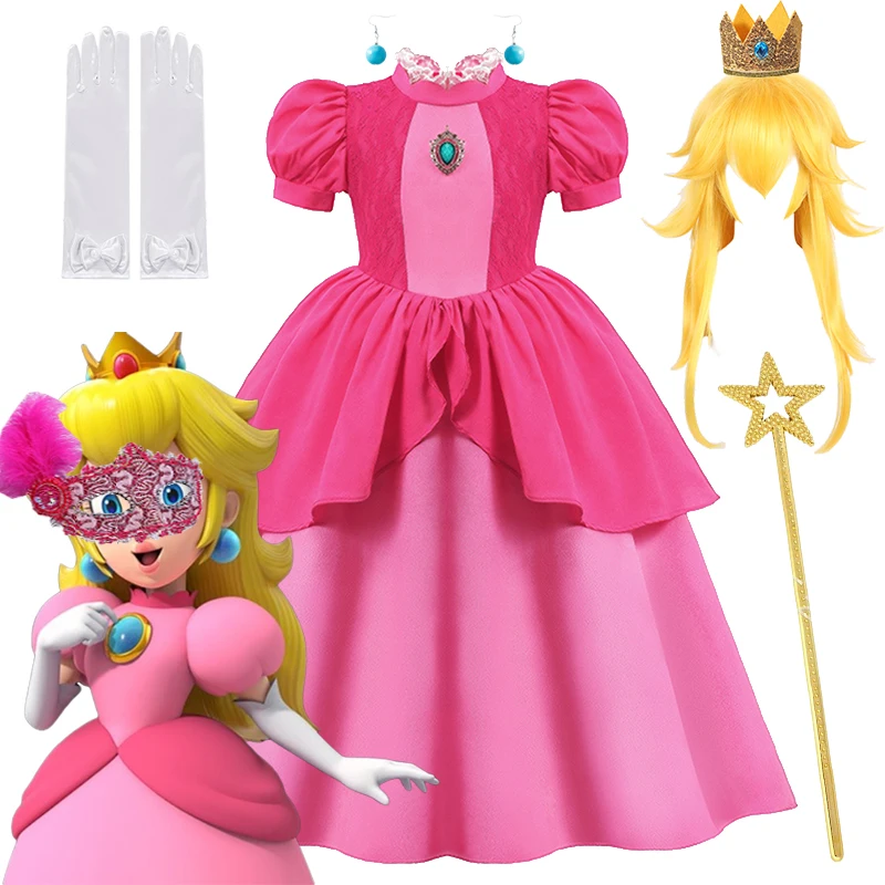 2024 Children Girls Peach Princess Dress Peach Cosplay Costumes Pink Cute Clothes Baby Girls Carnival Birthday Party Clothings