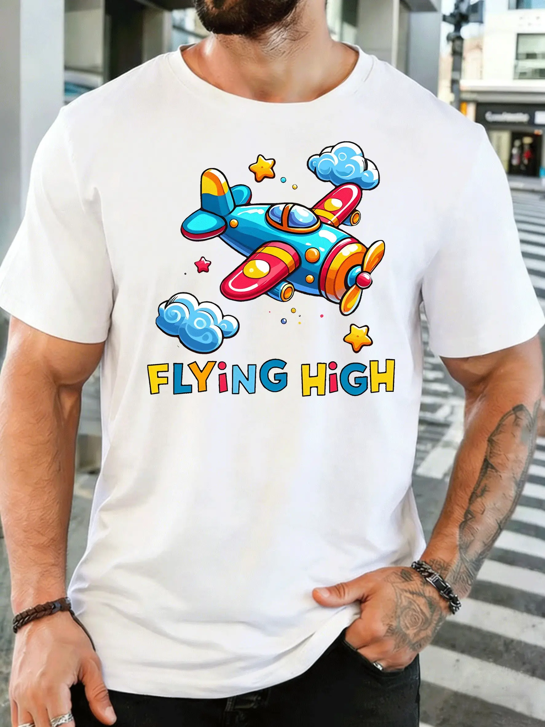 Flying High Colorful Cartoon Airplane Clouds Stars Mens Print T Shirt Cute Aircraft Graphic Tee Sleeve Top Aviation Lover Gift