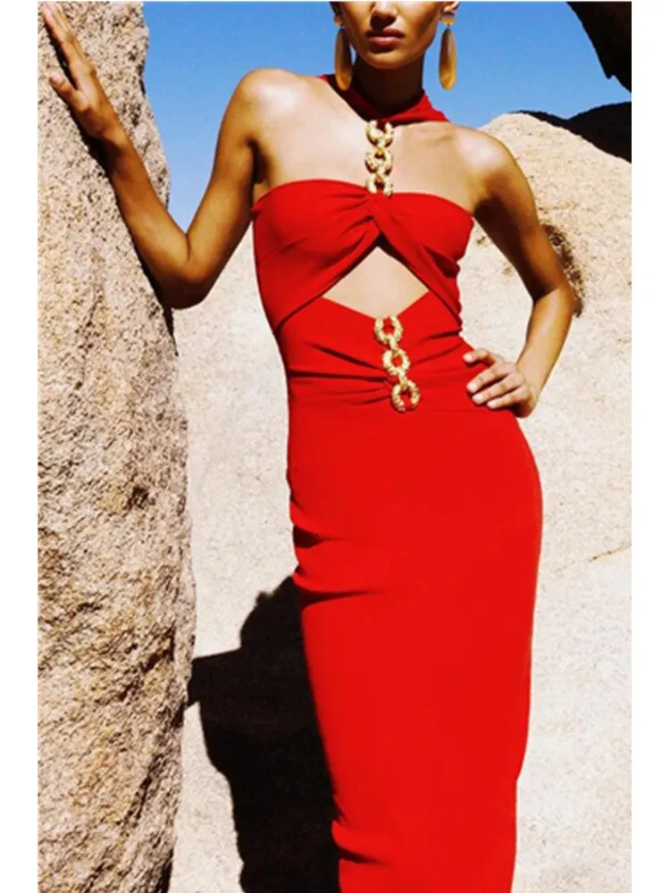 

Summer Women Celebrity Sexy Cut Out Red Chain Bodycon Bandage Prom Dress 2024 Elegant Evening Club Cocktail Party Dress